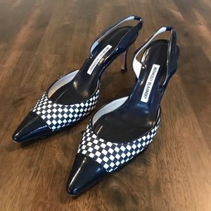 Manolo Blahnik Woven Check Navy & White Slingbacks
